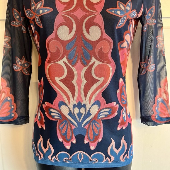 NEW Johnny Was XS Kaia Mesh Tee T-Shirt Women's Blue Pink Symmetrical Ryland - Picture 3 of 14